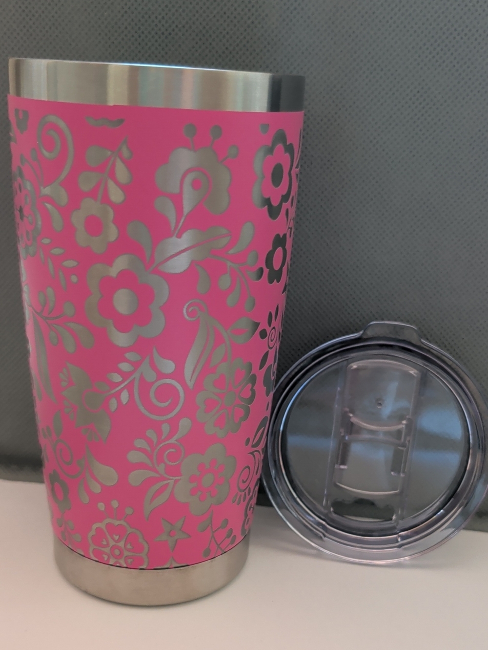 20 Oz Pink Floral Stainless Steel Tumbler with Clear Lid - New - Full 360 Etchin